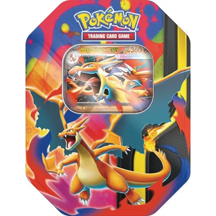 Pokémon PKM Tin 127 Mega-Glurak Y, Sammelkarten-Box mit holografischer Promokarte und 4 Boosterpacks