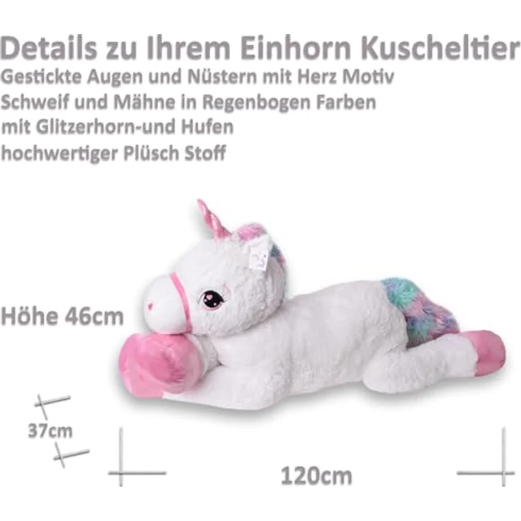 TE-Trend XXL Einhorn Plüschtier 120cm, weißes Kuscheltier mit rosa Glitzerhorn und Regenbogen Schweif, ideales Geschenk für Kinder und Jugendliche – Bild 5