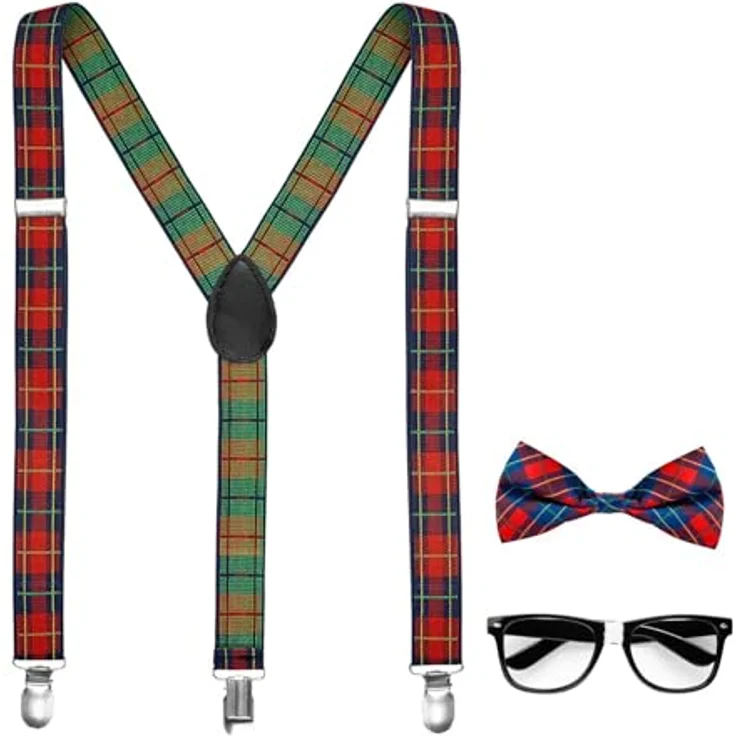 W WIDMANN MILANO Party Fashion 68551, Verkleidungsset Nerd, 3-teilig, mit Hosenträgern und Fliege im Karomuster, inklusive Nerd-Brille, für Karneval und Mottoparty – Bild 1