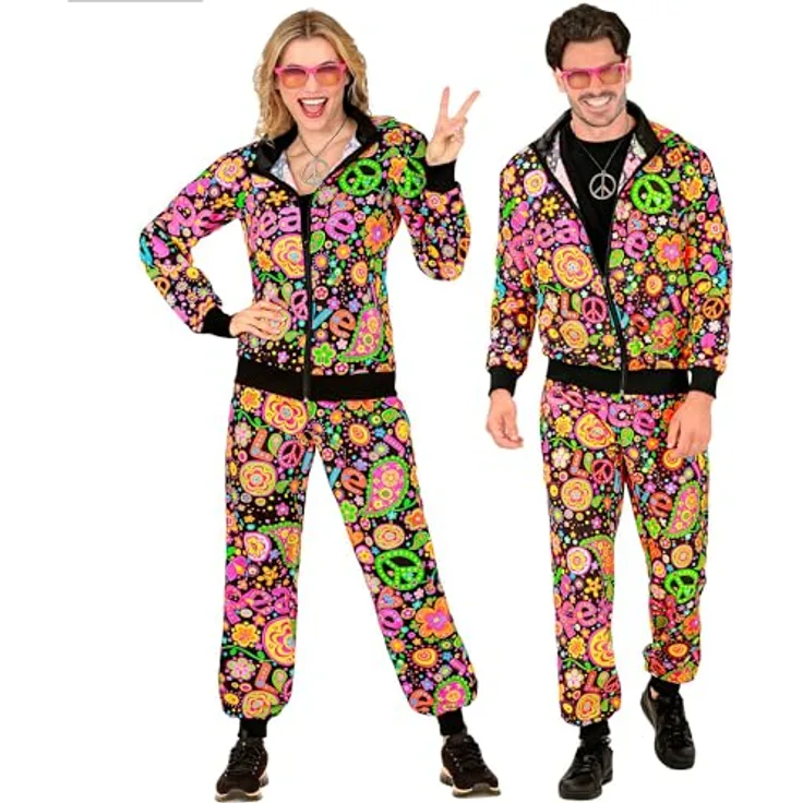 W WIDMANN MILANO Party Fashion Kostüm Trainingsanzug, Hippie Stil, 80er Jahre Outfit, Jogginganzug mit bunten Blumen und Peace-Symbolen, Größe L