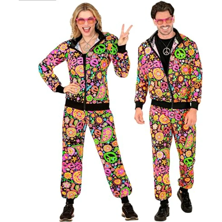 W WIDMANN MILANO Party Fashion Kostüm Trainingsanzug, Hippie Stil, 80er Jahre Outfit, Jogginganzug mit bunten Blumen und Peace-Symbolen, Größe L – Bild 1
