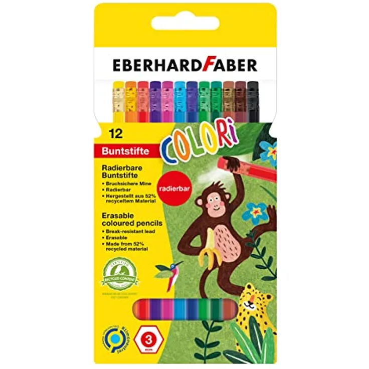 Eberhard Faber 514817 - Colori radierbare Buntstifte, hexagonale Form, in 12 Farben, im Kartonetui, zum Malen, Illustrieren und Zeichnen