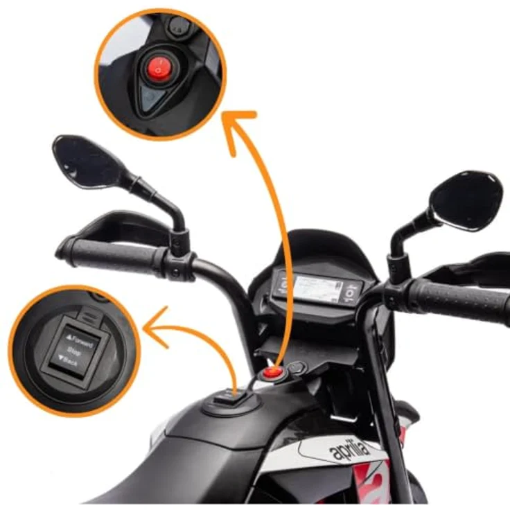 Vrooomy Kindermotorrad Aprilia Dorsoduro 900, 6V mit Scheinwerfer und abnehmbaren Stützrädern, rot, für 1-3 Jahre – Bild 9