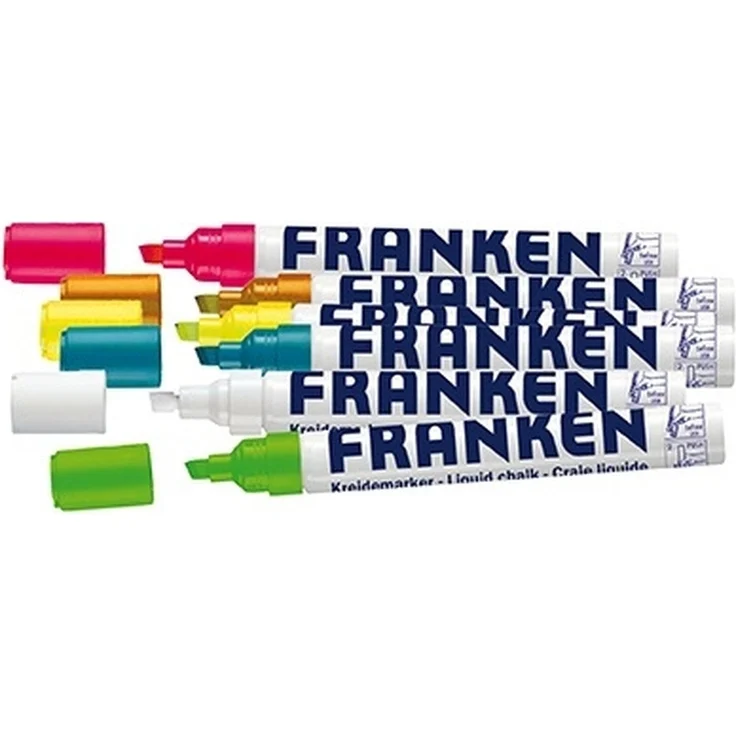 FRANKEN Kreidemarker Whiteboard Marker, 2-5mm Strichstärke, farbig sortiert (6 Stück: weiß, leuchtpink, leuchtgelb, leuchtorange, leuchtgrün, hellblau) – Bild 1