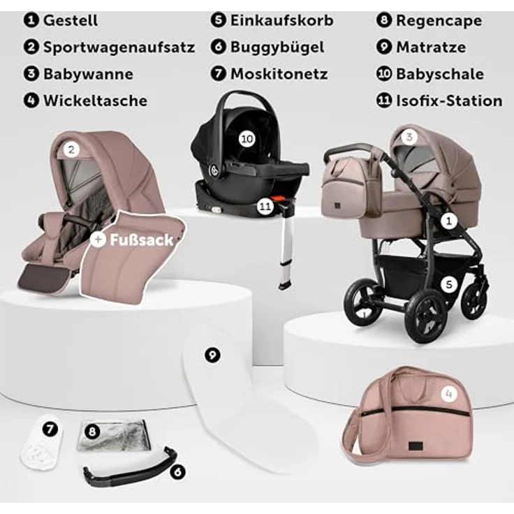 Bergsteiger Capri Kombikinderwagen 4-in-1, Babywanne, Sportsitz, i-Size Babyschale & Isofix-Station, höhenverstellbar, faltbar, mit Zubehör – Bild 3
