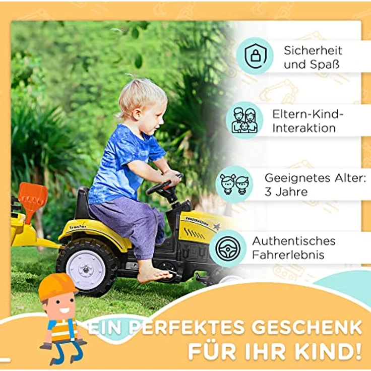 HOMCOM Trettraktor Tretauto Traktor mit AnhГ¤nger Kindertrettraktor Metall Gelb, L133 x B42 x H51cm, für Kinder ab 3 Jahren, mit 6 Rädern für optimale Standfestigkeit - Preisvergleich – Bild 6
