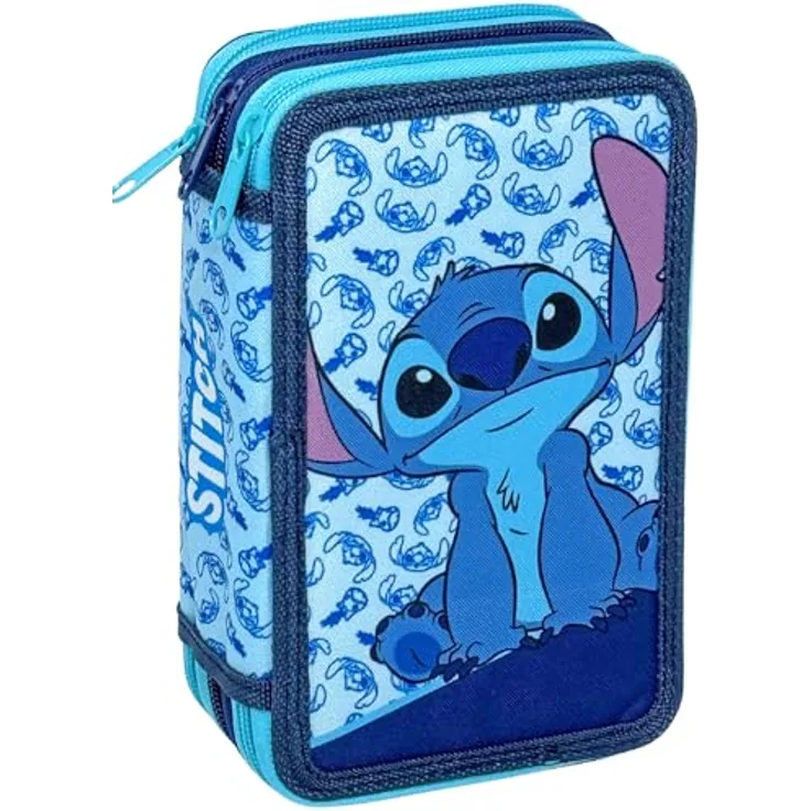Clondo 3-Fach Federmäppchen für Stitch Fan, 44-teilig komplett gefüllt mit Buntstiften, Filzstiften, Bleistift und Schere – Offizielles Gadget für Kinder, ideal für Grundschule und Geschenk