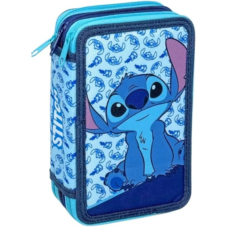 Clondo 3-Fach Federmäppchen für Stitch Fan, 44-teilig komplett gefüllt mit Buntstiften, Filzstiften, Bleistift und Schere – Offizielles Gadget für Kinder, ideal für Grundschule und Geschenk – Bild 1