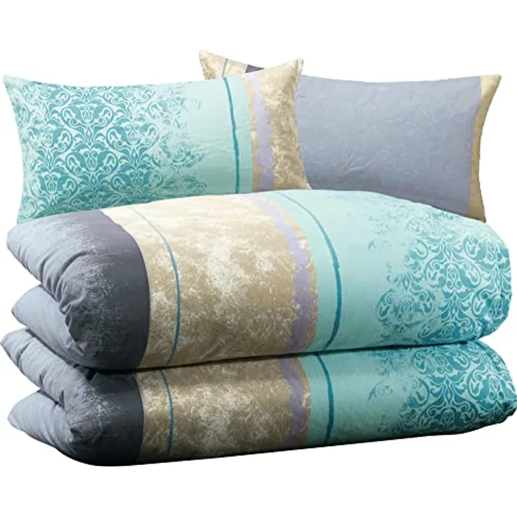 Erwin Müller Flanell-Bettwäsche4-tlg. Sparpaket, gemusterte Streifen - samtweich, temperaturausgleichend, mit praktischem Reißverschluss - blau-Silber Größe 135x200 cm (80x80 cm)