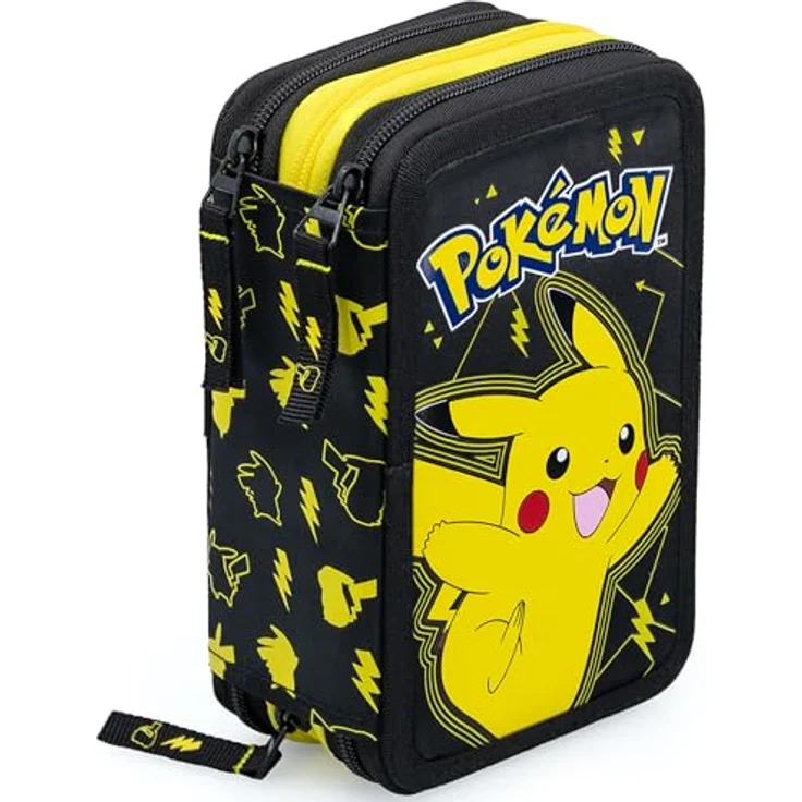 Clondo 3-Fach Federmäppchen für Pokemon Fans, 45-teilig mit 2 löschbaren Gelstiften, Schere, Kleber, Buntstiften, Schwarz und Gelb, ideal für Schule & Geschenke – Bild 1