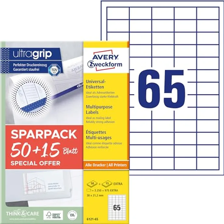 AVERY Zweckform 6121-65 Universal Etiketten (3.250 plus 975 Klebeetiketten extra, 38x21,2mm, weiß) - Selbstklebende Aufkleber mit ultragrip, 65 Blatt