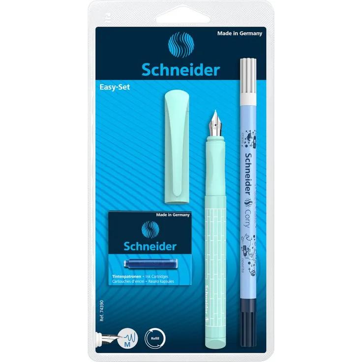 SCHNEIDER NOVUS Füllhalter Easy Pen mit Tintenlöscher + 6 Patronen, gummiertes Griffprofil, verstärkte Stahlfeder, blau