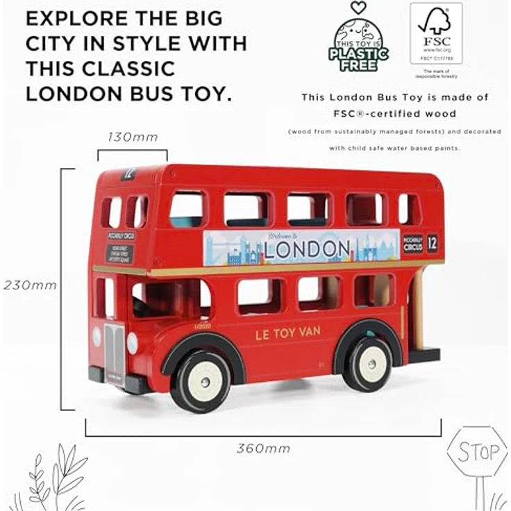 Le Toy Van London Bus, klassischer roter Doppeldecker-Bus mit Platz für 11 Budkins-Passagiere, abnehmbares Dach und Erdgeschoss – Bild 7