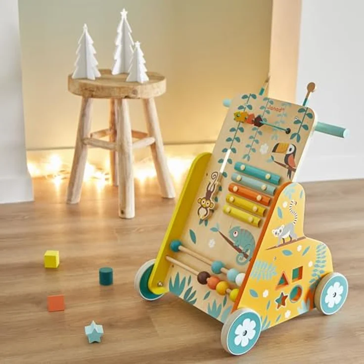 Janod - Multi-Aktivitätswagen Tropik - Laufwagen aus Holz - Lernspielzeug mit 6 Aktivitäten - Leise Räder und Feststellschraube - FSC-zertifiziert - Wasserfarbe - Ab 1 Jahr, J08269 – Bild 8