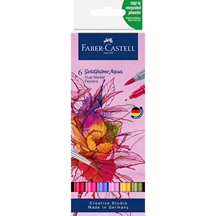 Faber-Castell 164527 - Goldfaber Aqua Dual Marker, Blumen, mit Pinselspitze und Fineliner Spitze, 6er Etui – Bild 1