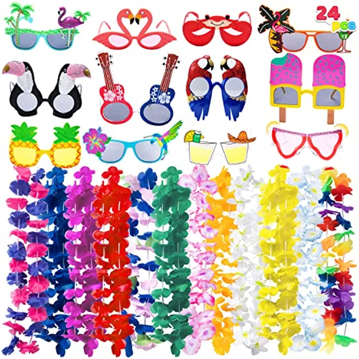 JOYIN 12 Stück Luau-Partybrille und 12 Stück Hawaii-Leinen, farbenfrohe Blumen-Girlanden, tropisches Dekorationszubehör für Sommer- und Strandpartys