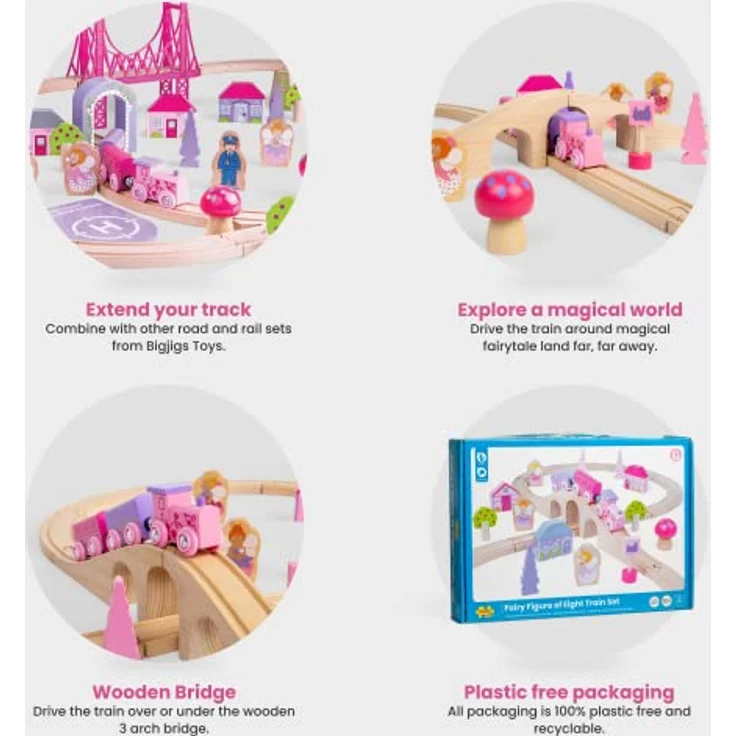 Bigjigs Rail Holzeisenbahn Set Märchen 8, 35 Teile mit Feenfiguren und farbigen Wagen, rosa – Bild 3
