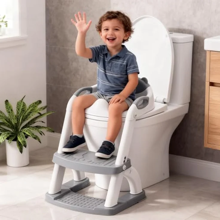 SKYROKU Toilettensitz 2 in 1, Toilettenaufsatz mit Treppe für Kinder 2-7 Jahre, rutschfest, belastbar bis 90 kg, PP (BPA-frei), grau – Bild 2