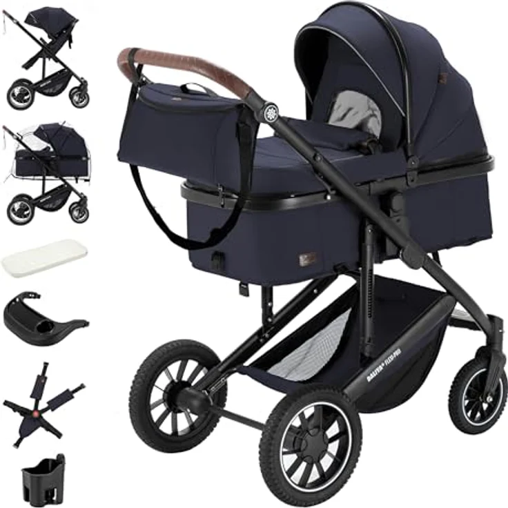 Daliya FLEXI-PRO M 2in1 Kombikinderwagen mit Liegefunktion, klappbar, höhenverstellbar, großem Einkaufskorb, blau-grau – Bild 1