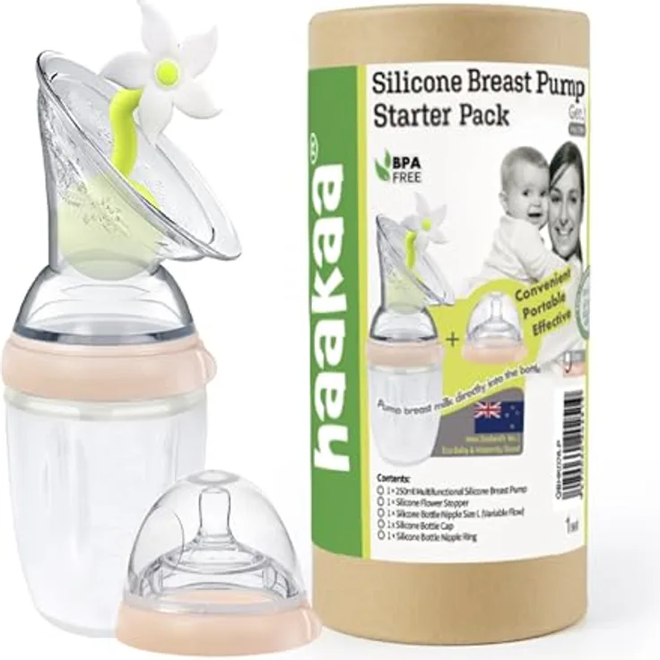 Haakaa Milchpumpe Generation 3 Starter Set, Silikon-Milchpumpe 250 ml mit Anti-Kolik-Sauger und Blumenverschluss