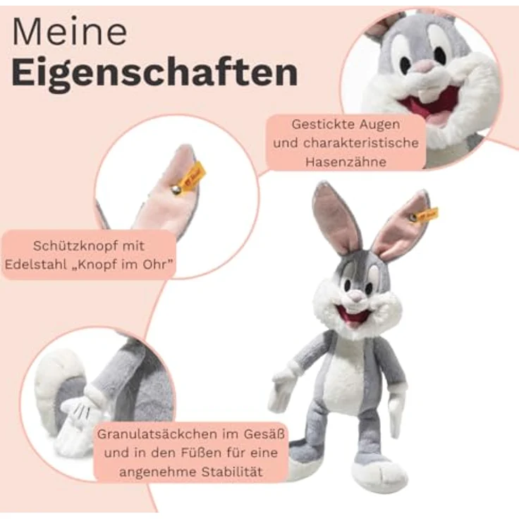 Steiff Kuscheltier Bugs Bunny, Plüschtier 32 cm aus grauem Plüsch, waschbar bei 30 °C – Bild 3