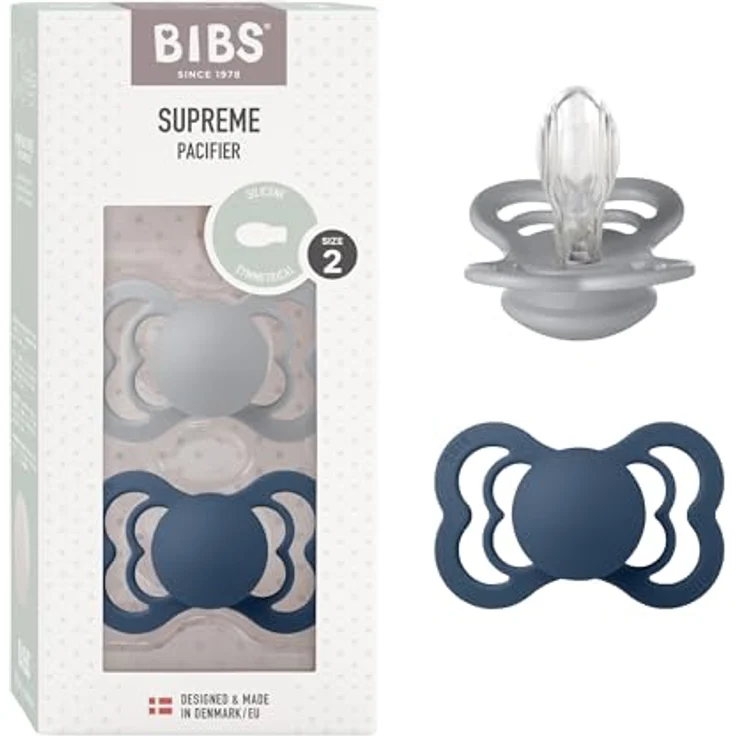 BIBS Supreme Schnuller 2er-Pack, BPA-frei, Symmetrischer Nippel. Silikon, Hergestellt in Dänemark. 6-18 Monate (2er Pack), Cloud / Steel Blue – Bild 2