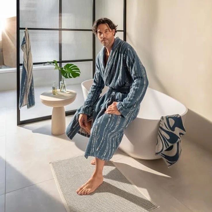 Möve Unisex-Bademantel Schalkragenmantel in Nature/Steel Blue, XS-XL, ideal für Sauna & Spa, Hotel, Morgenmantel – Bild 2