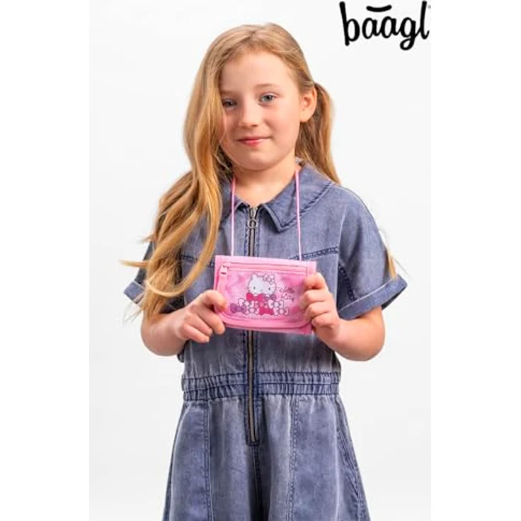 Baagl Brustbeutel Kinder Geldbörse Mädchen Portemonnaie - Hello Kitty, mit verstellbarem Umhängeband und separater Münztasche, 14 × 10 cm, recyceltes Polyester – Bild 5