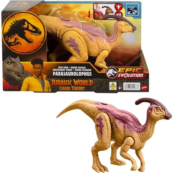 Mattel HTK75 - Jurassic World Wild Roar Parasaurolophus, Dinosaurier mit Sound und biolumineszenter Rückenschutz, bewegliche Gelenke – Bild 1