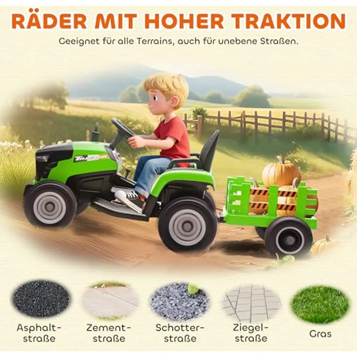 AIYAPLAY Elektrischer Kindertraktor mit Anhänger, Aufsitztraktor mit Fernbedienung, 2 Motoren, 3-Gang, für 3-8 Jahre, Grün – Bild 9