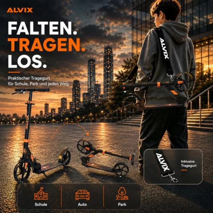 ALVIX Cityroller Kinderroller K-Serie, faltbar mit Handbremse, 200-mm-LED-Rädern, breites 120-mm-Deck, Tragegurt, für Kinder ab 6 Jahren – Bild 3