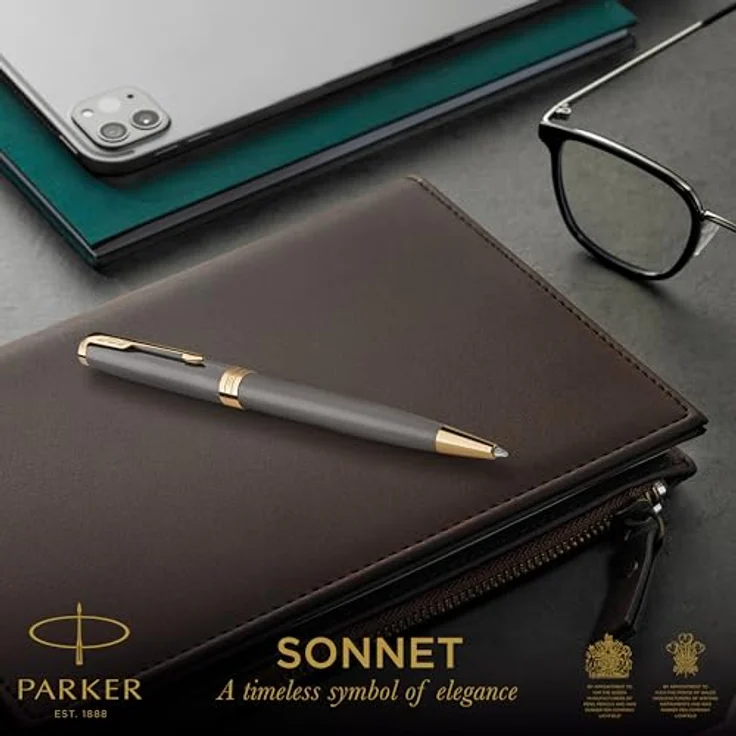 Parker Pen SONNET Kugelschreiber, elegantes Design mit grauem Lack und goldener PVD-Beschichtung – Bild 2