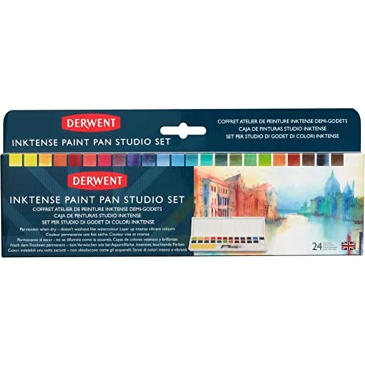 Derwent Inktense 24 Farbtöpfchen, wasserlöslich, professionelle Künstlerfarben in halber Töpfchengröße, perfekt zum Malen auf Papier und Stoff, Reisegröße (2305545), 1 Stück – Bild 1