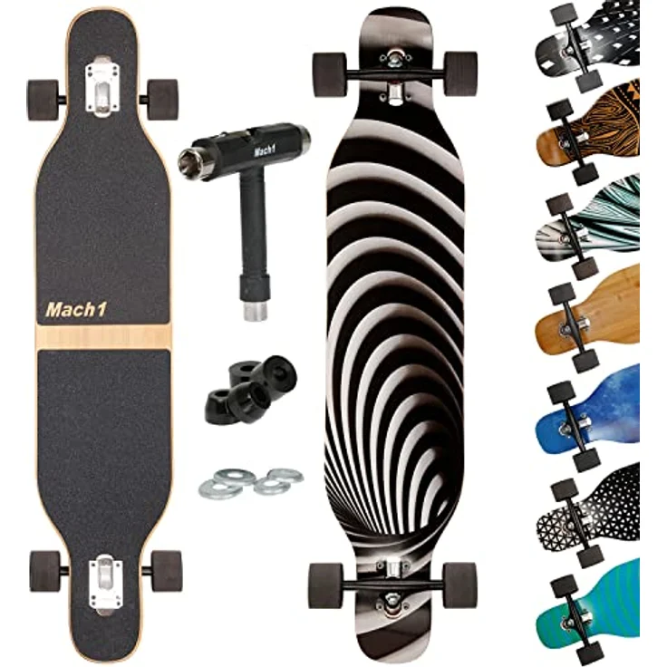 Mach1 Bambus Longboard mit Keramik Kugellager + T-Tool - Skateboard Drop Through Cruiser Komplettboard - Symmetrisch gestaltetes Camber Longboard, rutschfeste Oberflächenbehandlung, Drop-Through-Achsmontage - 2854 – Bild 1