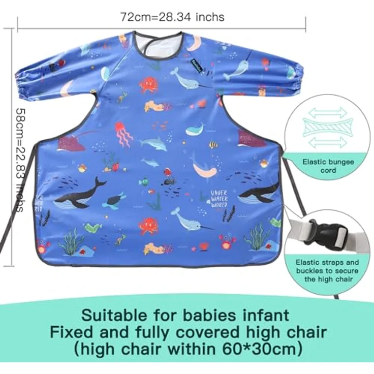 PewinGo Baby Lätzchen mit Ärmeln, wasserdicht und maschinenwaschbar, für Babys von 6 bis 30 Monaten, Blau – Bild 4