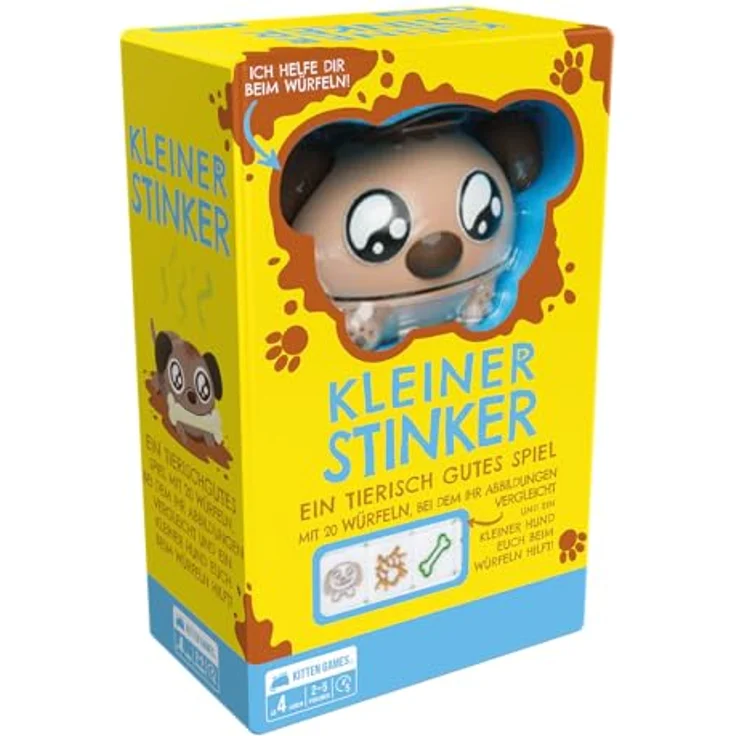 Exploding Kittens Kleiner Stinker, Kinderspiel für 2-5 Spieler, ab 4 Jahren, 5 Minuten Spielzeit, Deutsch, mit 20 Würfeln und Hunde-Würfelbecher – Bild 1