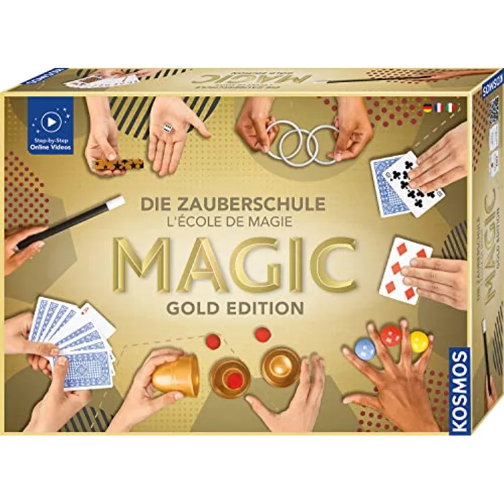 Kosmos Zauberkasten Die Zauberschule Magic - Gold Edition DFI, 75 Zaubertricks für Kinder ab 8 Jahren mit Video-Tutorials und bebilderter Anleitung
