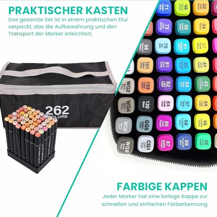 EXTRALINK Alkoholmarker Filzstifte Set 262 Stück, Doppelseitige Spitze, Schnell trocknend, Lebendige Farben, Inkl. Tragetasche für Zeichnung und Manga – Bild 4