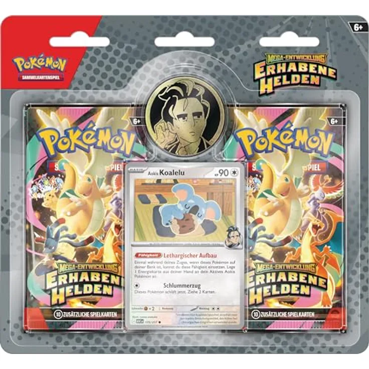Pokémon Pokémon-Sammelkartenspiel: Kollektion Mega-Entwicklung – Erhabene Helden: Aoki, 1 holografische Promokarte, 1 Münze, 2 Boosterpacks