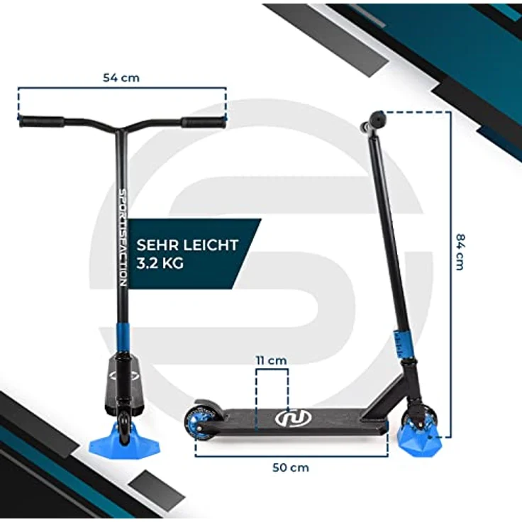 Sportisfaction Stuntscooter Blau, Profi Roller mit ABEC11 Kugellagern, 4-fach Klemme, belastbar bis 100kg, Alu-Deck 50x11cm für Tricks & Rampen – Bild 5