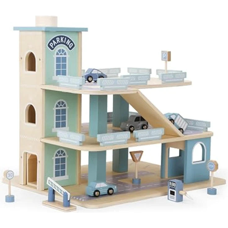 CHIC2000 Spiel-Parkgarage, 3-stöckige Parkgarage aus Holz mit Aufzug und 4 Autos, 43,5 x 36 x 39,5 cm – Bild 2