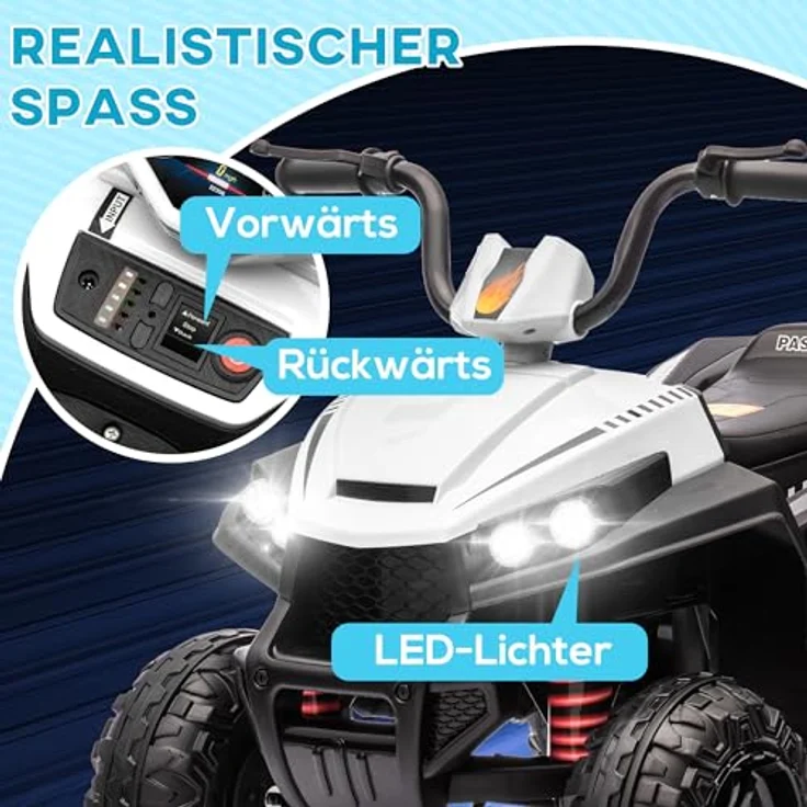 AIYAPLAY Elektro Quad für Kinder 12V Kinderquad mit 4-Rad-Federung, MP3-Musikplayer, Kinderfahrzeug mit Scheinwerfer, 5 km/h, Metall, Weiß – Bild 4