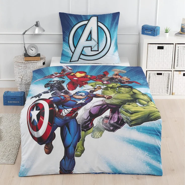 MTOnlinehandel Bettwäsche Avengers Marvel 135x200 + 80x80 cm, 100 % Baumwolle, Renforcé, 2 teilig, Jungen Kinderbettwäsche mit Captain America, Iron Man, Hulk & Thor – Bild 1