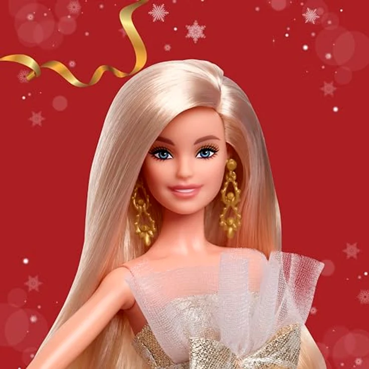 Barbie Barbie Signature Holiday Barbie 2025, Anziehpuppe mit trägerlosem silbernen und goldenen Damast-Kleid, inklusive Puppenständer und Echtheitszertifikat – Bild 2