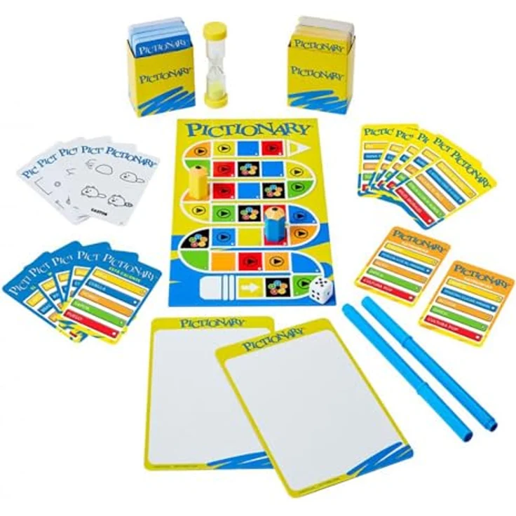Mattel Games Pictionary Familienbrettspiel, Zeichenspiel für Kinder und Erwachsene, inklusive löschbarem Tintenmarker, Tafeln und Sanduhr, JDY00 – Bild 2