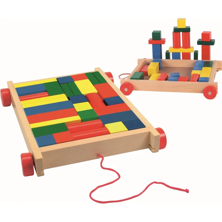 Woodyland Bunte Holzbausteine Set, 34 tlg. in verschiedenen Formen im praktischen Holzwagen mit Rädern, 20x15 cm