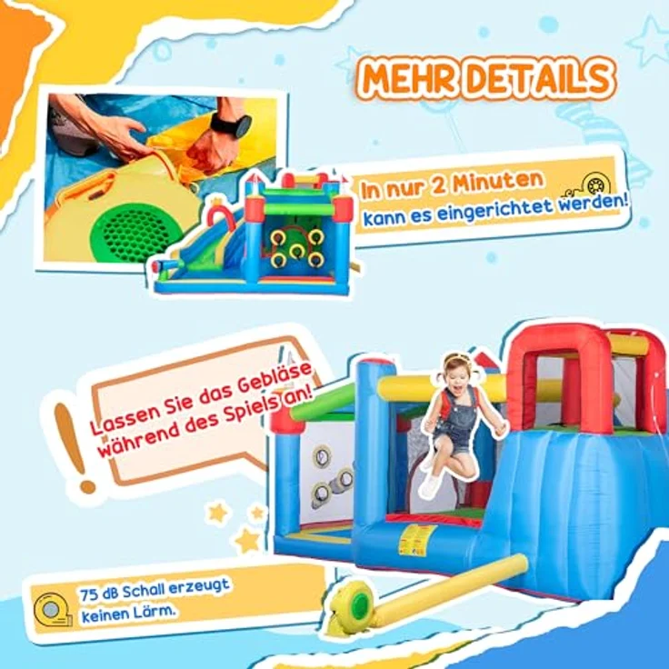 Outsunny Hüpfburg mit Gebläse, aufblasbarer Wasserpark mit Wasserrutsche, Planschbecken, Kletterwand und Wasserpistole für 3 Kinder von 3-8 Jahren, inkl. 450 W-Luftpumpe, bunt – Bild 5