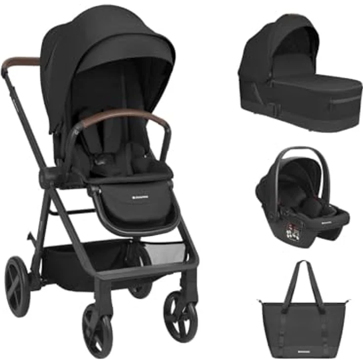 Kikkaboo Kombikinderwagen Mia 3 in 1, 3-in-1 Kinderwagenset mit Babywanne, Babyschale, Wickeltasche, bis 22 kg, Aluminiumrahmen, verstellbare Rückenlehne, abnehmbares Sonnendach, grau – Bild 1