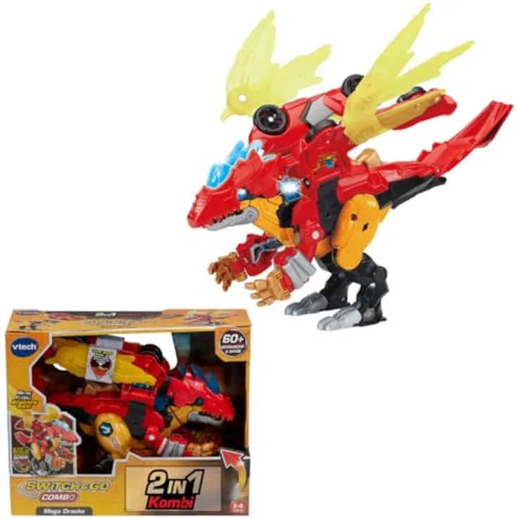 Vtech Switch & Go Combo Mega Drache, 2-in-1 Spielzeug T-Rex & Rennwagen, interaktiv mit Licht und Sound, über 60 Sätze, ab 3 Jahren