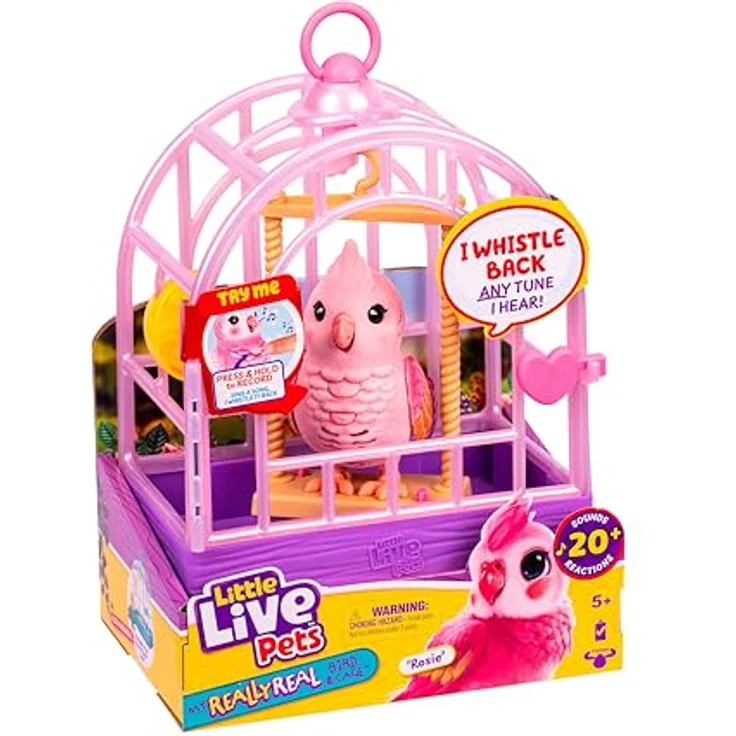 Moose Little Live Pets My Really Real Bird - Rosie, interaktiver Nymphensittich mit Käfig, rosa – Bild 1